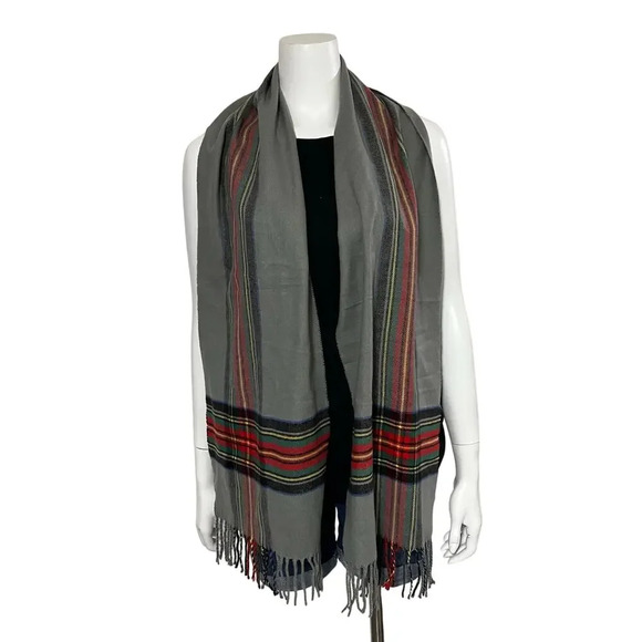 Cashmere Plaid Gray Red Black Fringe Scarf Made in Scotland 66” x 12” - Picture 6 of 9